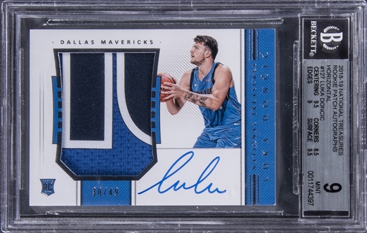 2018-19 Panini National Treasures Rookie Patch Autographs (RPA) Horizontal #127 Luka Doncic Signed Patch Rookie Card (#30/49) - BGS MINT 9/BGS 10